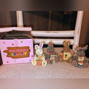 Easter Bunny Figurines Set of 4 Polyresin Rabbits Spring Decor w/ Box